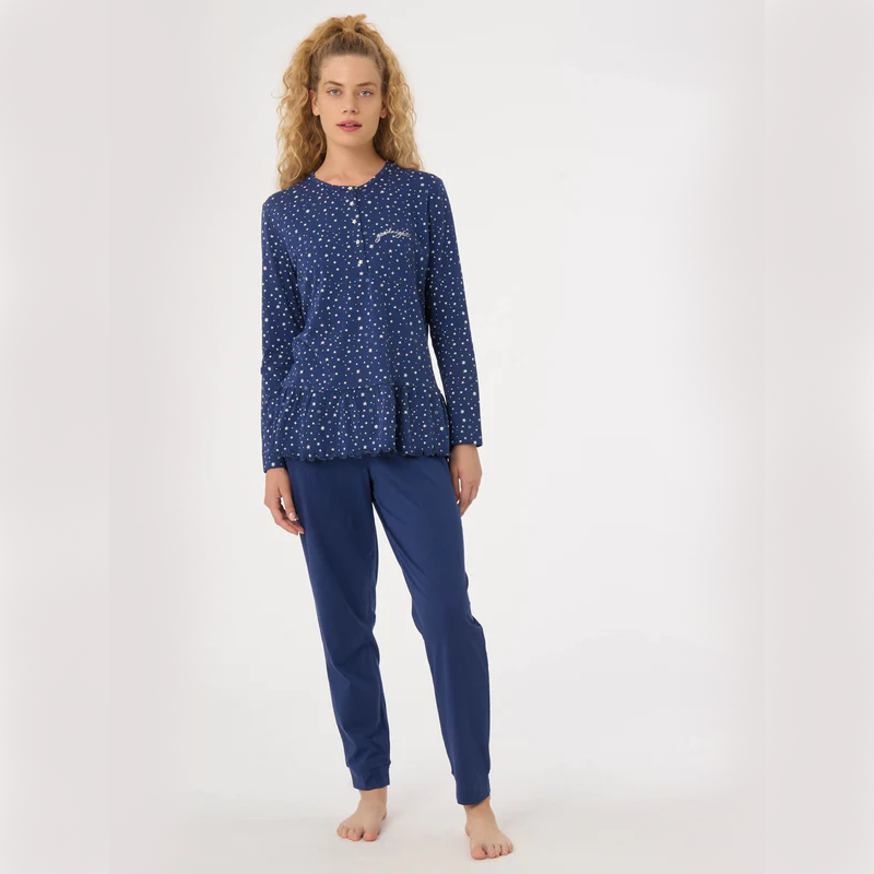 Pigiama Lungo Serafino Jersey di Cotone DF96N1 Prussia