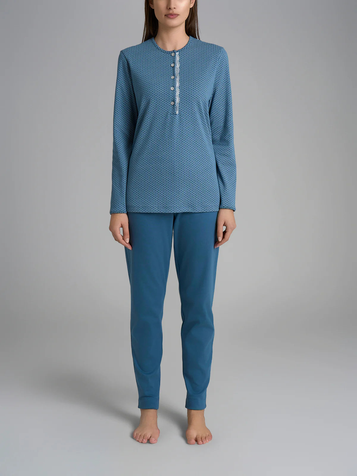 Pigiama Caldo Serafino con Pizzo Interlock di Cotone DR67N1