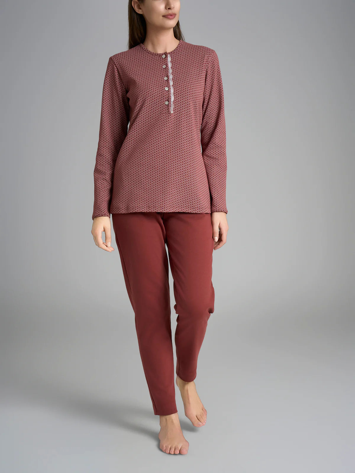 Pigiama Caldo Serafino con Pizzo Interlock di Cotone DR67N1