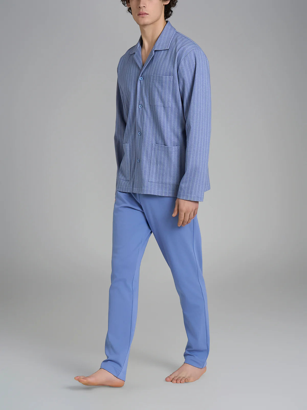 Pigiama Lungo Aperto Spigato Interlock di Cotone U961N7