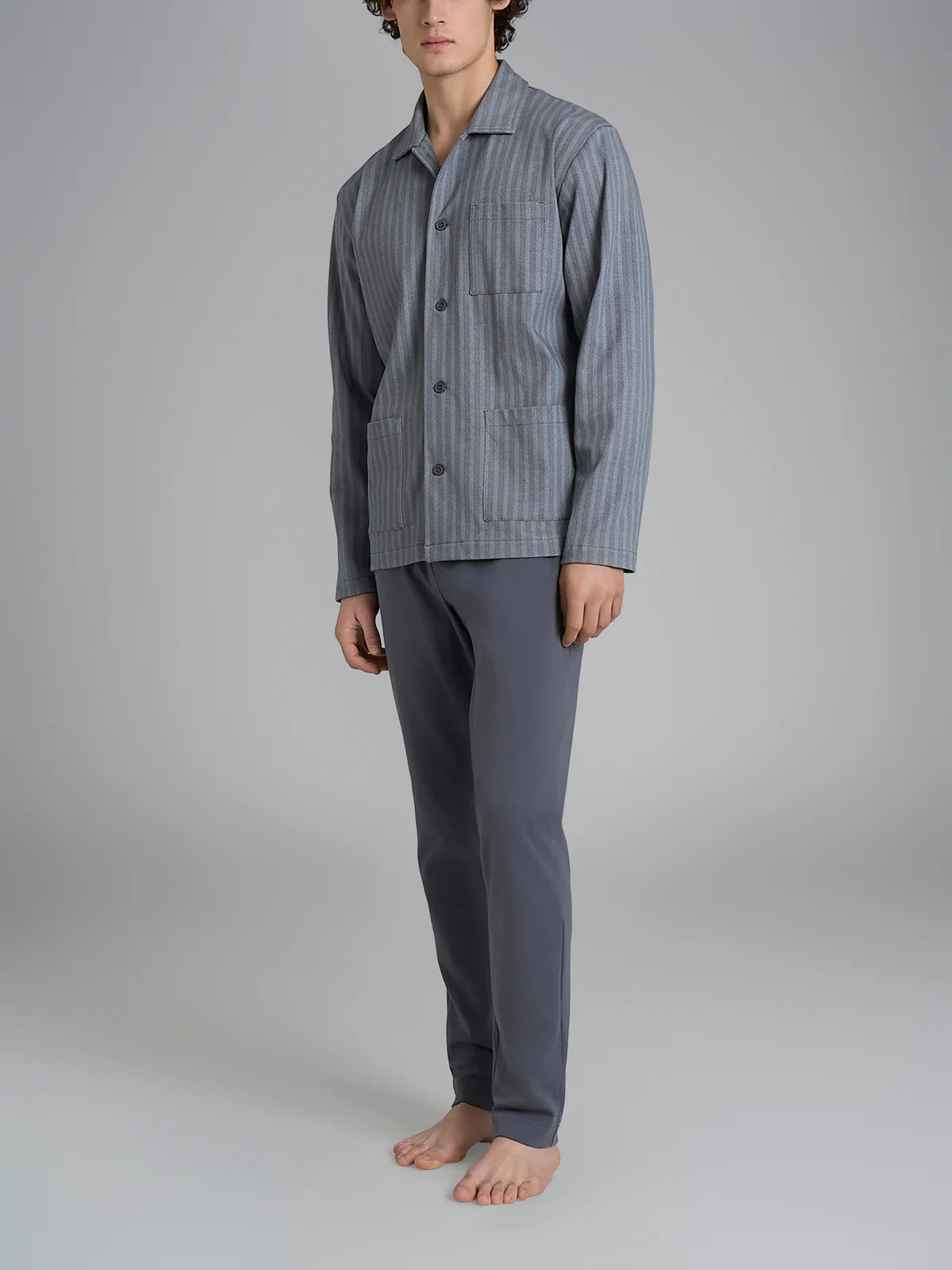 Pigiama Lungo Aperto Spigato Interlock di Cotone U961N7